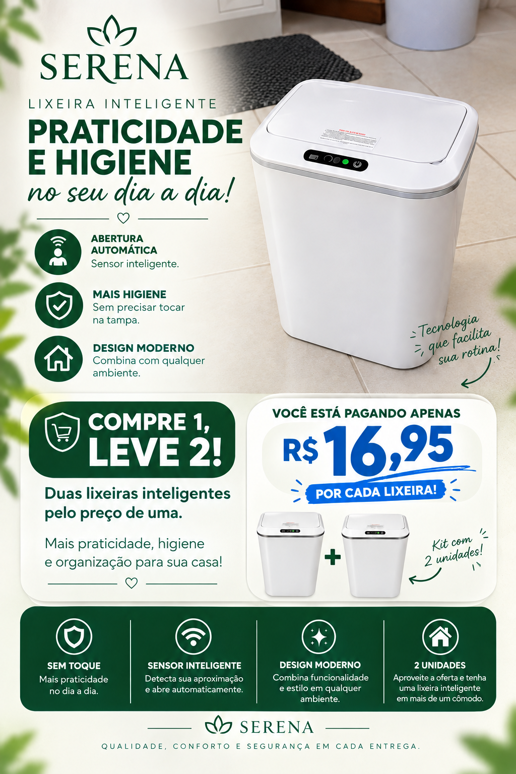 Lixeira Serena: praticidade e higiene no dia a dia