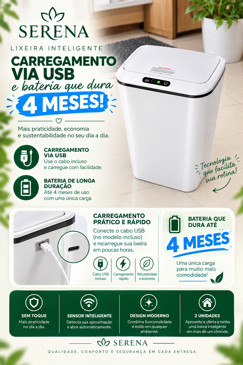 Carregamento USB e bateria de longa duração da lixeira Serena